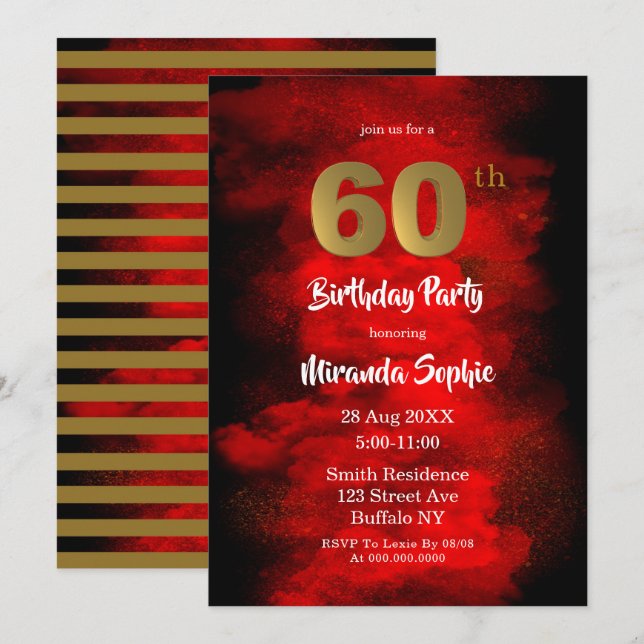 Fumée noire et rouge 60e anniversaire Invitations (Devant / Derrière)