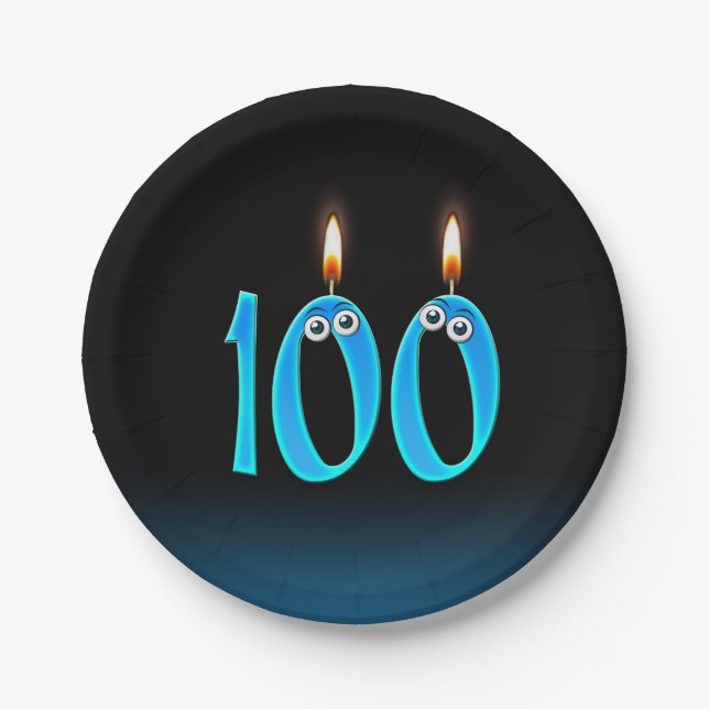 Fun 100th Birthday Candles On Black Paper Plate (Front)