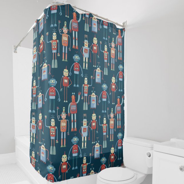 Fun 1950s Style Retro Robot Pattern Dark (Fun retro robots pattern shower curtain)