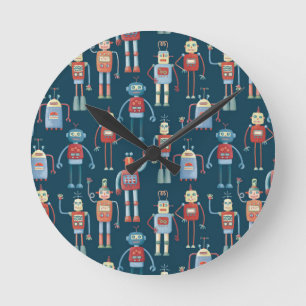 Fun 1950s Style Retro Robot Pattern Dark Round Clock