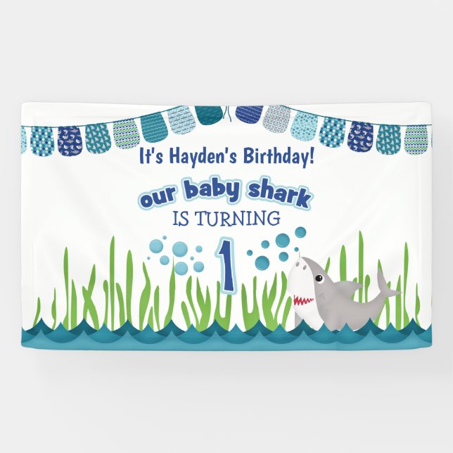 Fun 1st Birthday Blue Teal Shark Ocean Kid Banner (Horizontal)