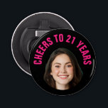 Fun 21st Birthday CUSTOM TEXT Photo Black Pink Bottle Opener<br><div class="desc">Fun birthday photo bottle opener in a retro modern cutout photo design. The year is customizable to suit any birthday year, whether it be your 21st, 30th, 40th, 50th or 60th birthday party! To get the cutout effect please use a png file with the background already cut out. If not,...</div>