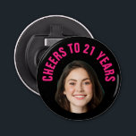 Fun 21st Birthday CUSTOM TEXT Photo Black Pink Bottle Opener<br><div class="desc">Fun birthday photo bottle opener in a retro modern cutout photo design. The year is customizable to suit any birthday year, whether it be your 21st, 30th, 40th, 50th or 60th birthday party! To get the cutout effect please use a png file with the background already cut out. If not,...</div>