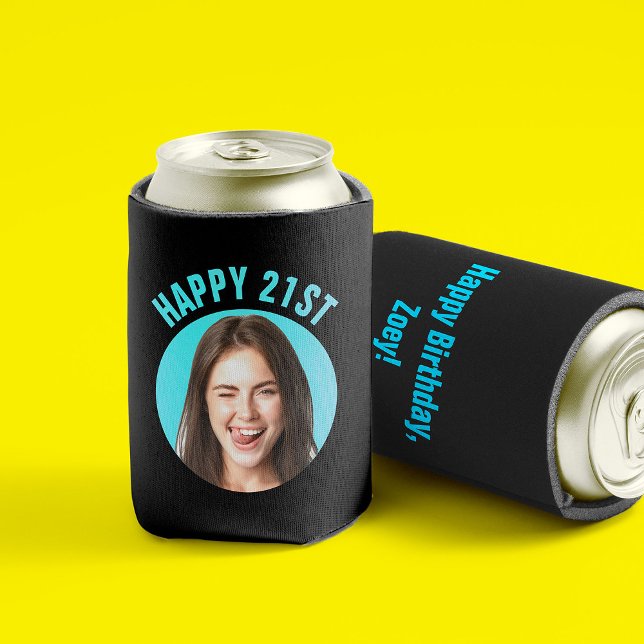 Fun 21st Birthday CUSTOM TEXT Photo Can Cooler (Front and back of a black can sleeve with "Happy 21st" in bright blue above a circular custom photo)