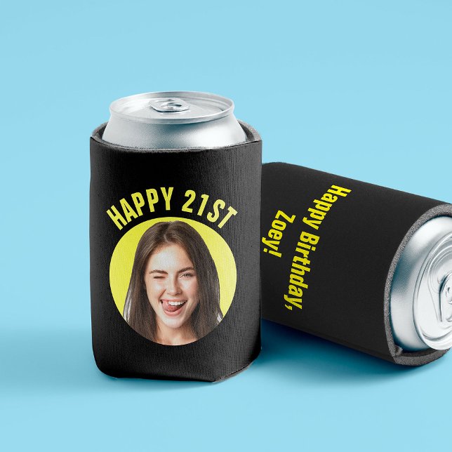 Fun 21st Birthday CUSTOM TEXT Photo Can Cooler (Front and back of a black can sleeve with "Happy 21st" in yellow above a round custom photo cutout)