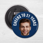 Fun 21st Birthday CUSTOM TEXT Photo Navy Bottle Opener<br><div class="desc">Fun birthday photo bottle opener in a retro modern cutout photo design. The year is customizable to suit any birthday year, whether it be your 21st, 30th, 40th, 50th or 60th birthday party! To get the cutout effect please use a png file with the background already cut out. If not,...</div>