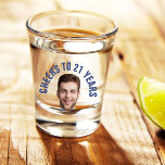 Fun 21st Birthday CUSTOM TEXT Photo  Shot Glass<br><div class="desc">Fun birthday photo shot glass in a retro modern navy blue cutout photo design. The year is customizable to suit any birthday year, whether it be your 21st, 30th, 40th, 50th or 60th birthday party! To get the cutout effect please use a png file with the background already cut out....</div>