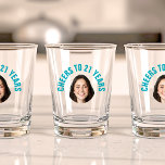 Fun 21st Birthday CUSTOM TEXT Photo  Shot Glass<br><div class="desc">Fun birthday photo shot glass in a retro modern teal cutout photo design. The year is customizable to suit any birthday year, whether it be your 21st, 30th, 40th, 50th or 60th birthday party! To get the cutout effect please use a png file with the background already cut out. If...</div>