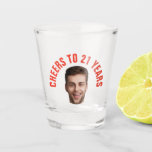 Fun 21st Birthday CUSTOM TEXT Photo  Shot Glass<br><div class="desc">Fun birthday photo shot glass in a retro modern red cutout photo design. The year is customizable to suit any birthday year, whether it be your 21st, 30th, 40th, 50th or 60th birthday party! To get the cutout effect please use a png file with the background already cut out. If...</div>