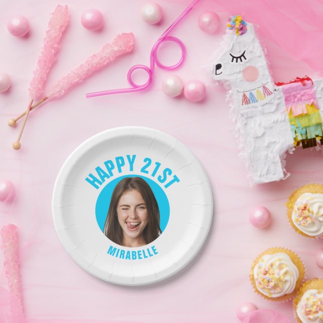 Fun 21st Birthday CUSTOM TEXT Photo Teal Paper Plate (Party)
