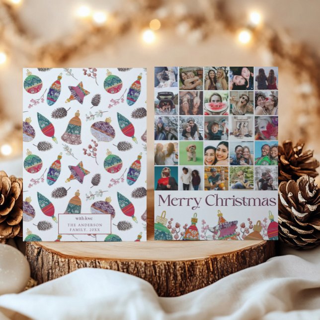 Fun 25 photo collage Christmas Bauble Pattern Holiday Card (Creator Uploaded)