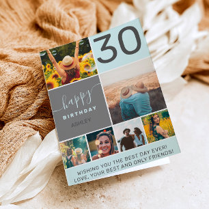 Fun 30 birthday blue 6 photo collage grid card