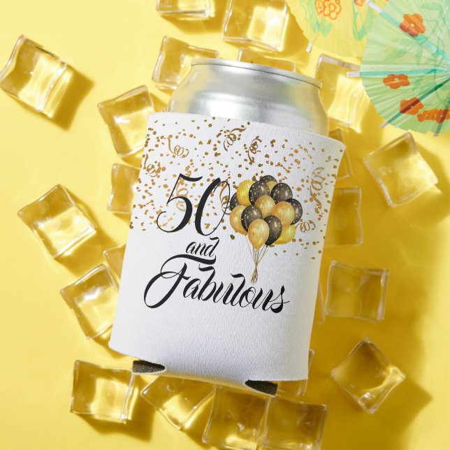 Fun 50 and Fabulous Gold Confetti Black Typography Can Cooler (In Situ Summer)