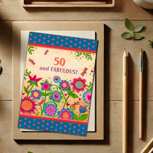 Fun 50 Fabulous Floral Dragonfly Colourful Age Card