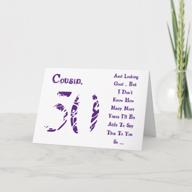 Fun, 50th birthday, cousin, purple and white text. card (Front)