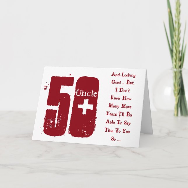 Fun, 50th birthday, uncle, red and white text. card (Front)