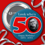 Fun 50th red & blue add your own photo and name 2 inch round button<br><div class="desc">A fun 50th birthday photo pin button badge in red, and blue hues. Designed for you to add in the photo of your 50th birthday recipient from the past or a current fun photo plus your own choice of wording or name. A fun gift for a sixtieth birthday. Created by...</div>