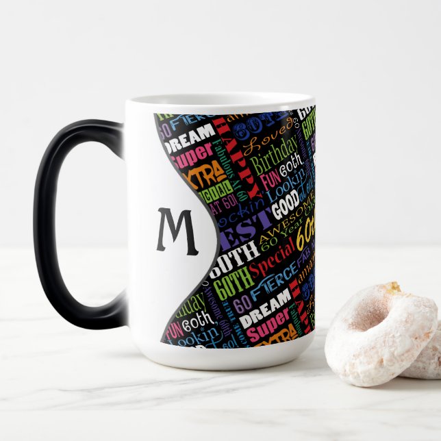 Fun 60th Birthday Party Personalized Monogram Magic Mug (With Donut)