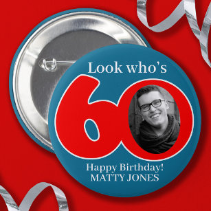 Fun 60th red & blue add your own photo and name 2 inch round button