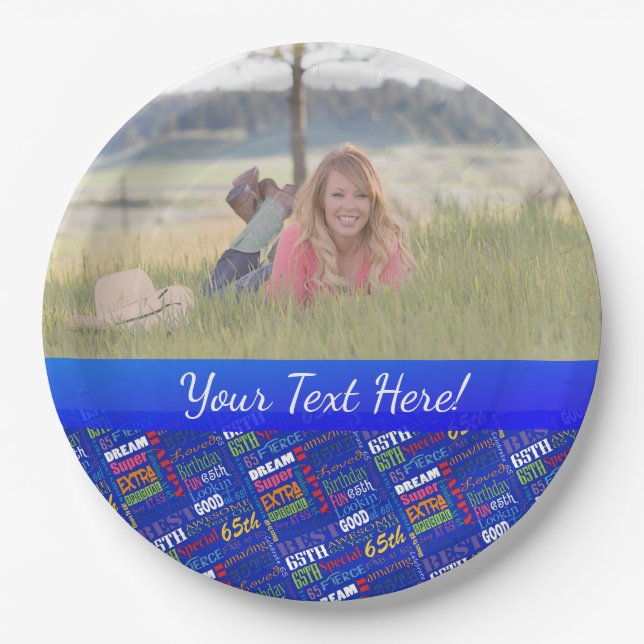 Fun 65th Birthday Party Personalized Monogram Paper Plate (Front)