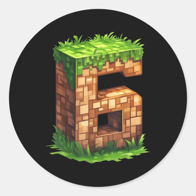 Fun 6th Birthday Number 6 Video Gamer Pixel Themed Classic Round Sticker (Front)