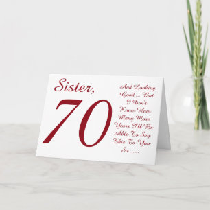 Fun, 70th birthday for sister, red and white text. card