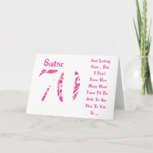 Fun, 70th birthday, sister, pink and white text. card