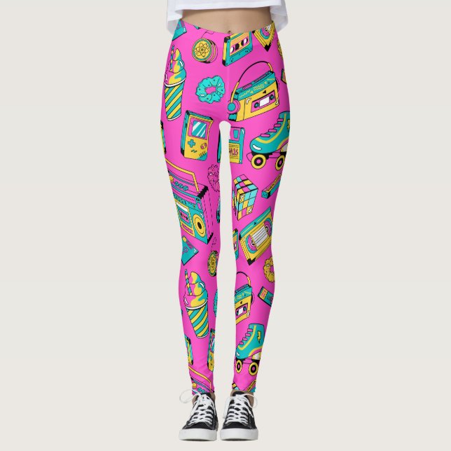 Fun 80s Girly Colourful Retro Bright Neon Pink Leggings (Front)