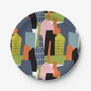 Fun abstract buildings city grid colourful paper plate