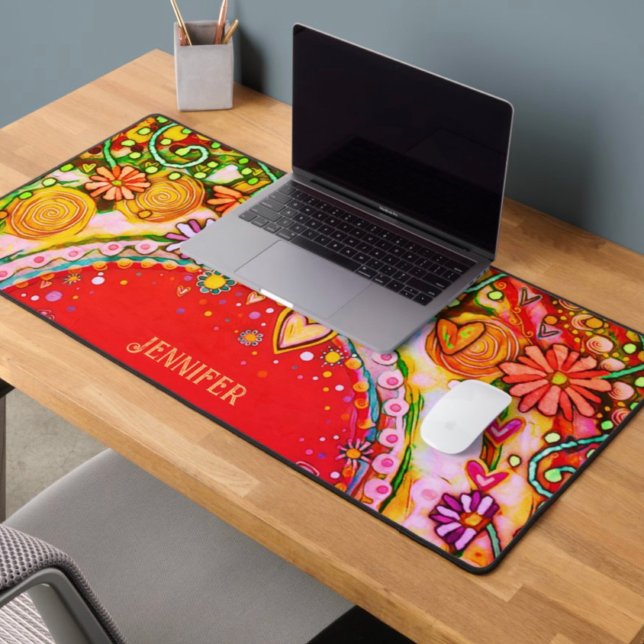 Fun Abstract Floral Red Personalized Quote Desk Mat (Fun, floral, abstract, desk mat by Inspirivity. )