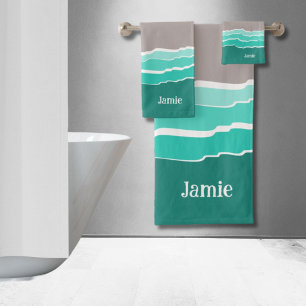 Fun Abstract Sunset Beach Shell & Name Bath Towel Set