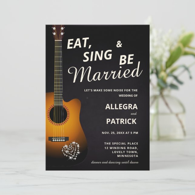 Fun Acoustic Guitar Diamonds Black Photo Wedding Invitation (Standing Front)