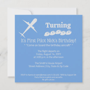 Fun Airplane Pilot Kids Blue Birthday Party Invitation
