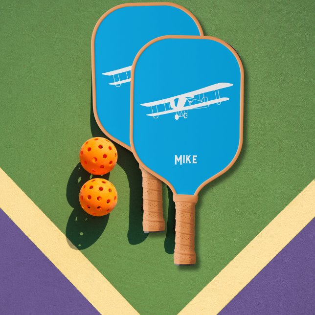 Fun Airplane Simple Monogrammed Blue Aviation Pickleball Paddle (Creator Uploaded)