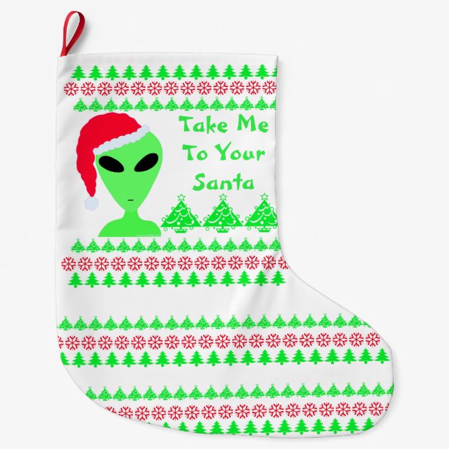 Fun Alien Santa Red Snowflakes Green Trees LGM Large Christmas Stocking (Front)