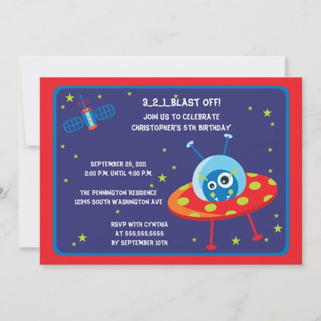 Fun alien spaceship boys birthday party invite (Front)