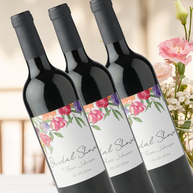 Fun and Bright Tulips and Greenery Bridal Shower Wine Label (Creator Uploaded)