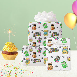 Fun and Colourful Happy Birthday Cats Wrapping Paper