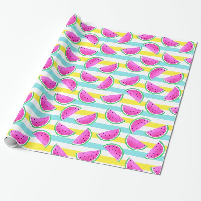 Fun And Colourful  Pink Watermelons Pattern Wrapping Paper (Unrolled)