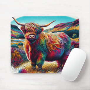 Fun and colourful rainbow high land cow purple blu mouse pad