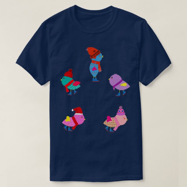 Fun and cute 5 birds ice skating T-Shirt (Design Front)