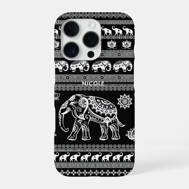 Fun and Cute Black White Elephant Thai Pattern iPhone Case (Back)