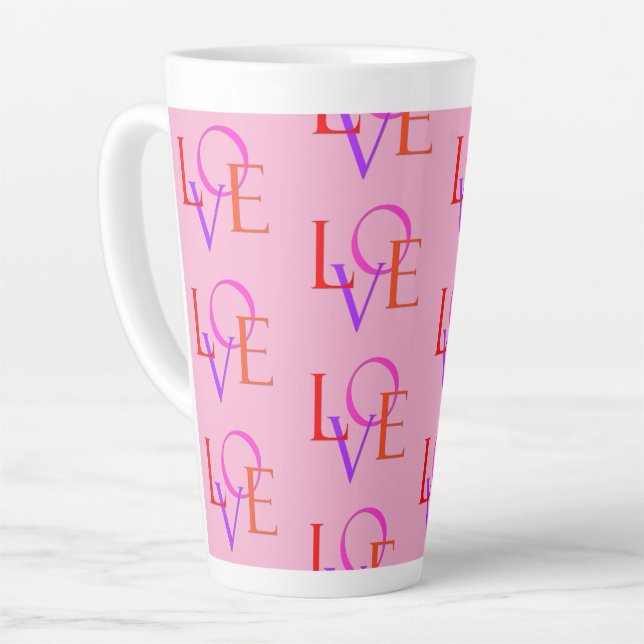 Fun and Cute Colourful "LOVE" Pattern Light Pink Latte Mug (Left Angle)