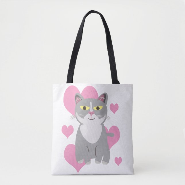Fun and Cute Grey Cat Love Cartoon Tote Bag (Front)