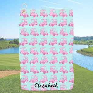 Fun and cute pink and teal golf cart custom name towel