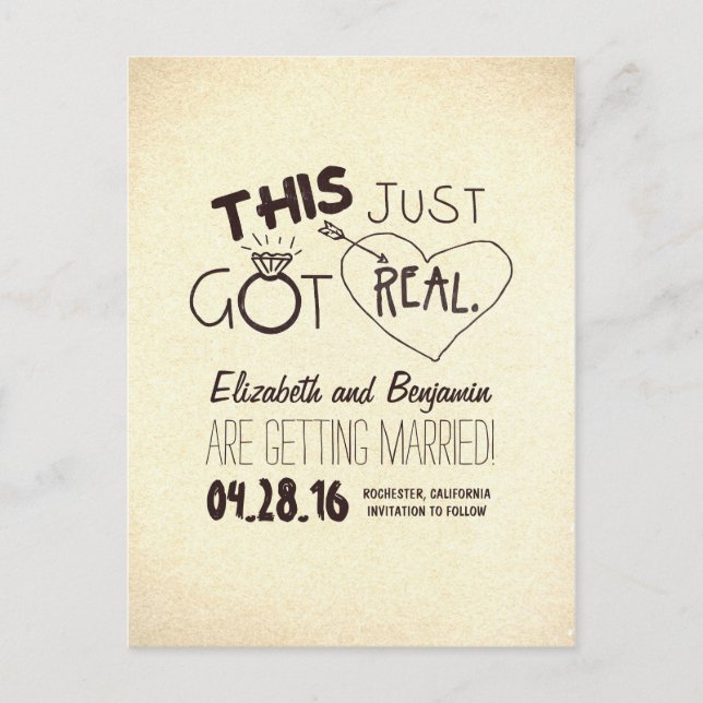 fun and cute save the date - THIS JUST GOT REAL! Announcement Postcard (Front)