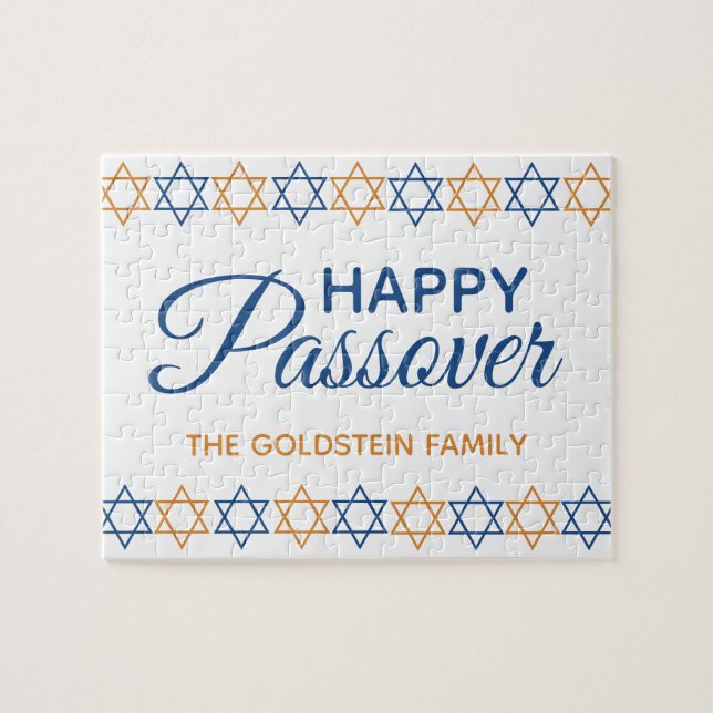 Fun and Elegant Blue and Gold Happy Passover Jigsaw Puzzle (Horizontal)