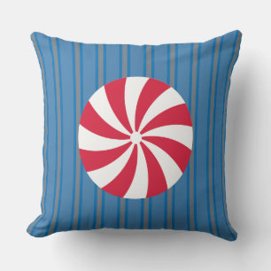 Fun and Fancy Blue Christmas Peppermint Candy Throw Pillow