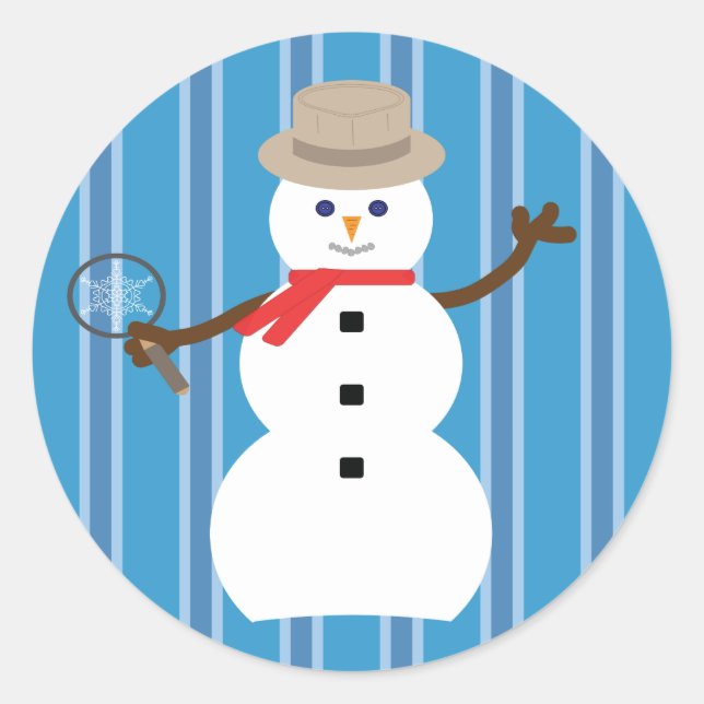 Fun and Fancy Blue Snowman Detective Classic Round Sticker (Front)