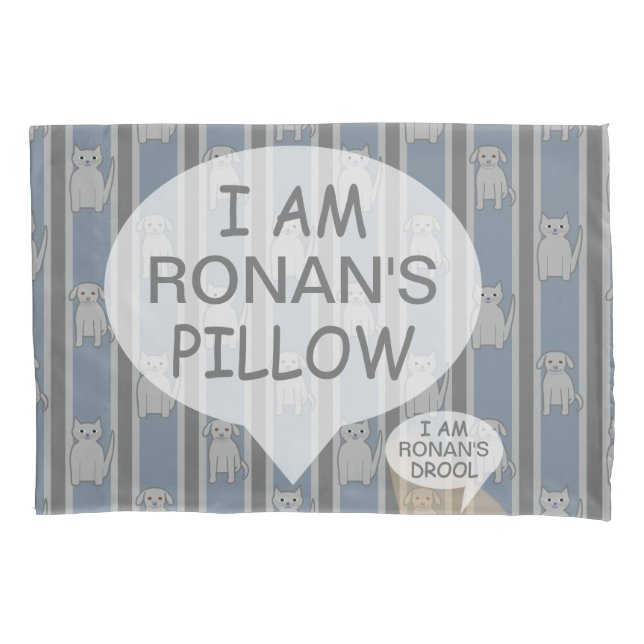 Fun and Fancy Customizable Kitty & Puppy Striped Pillowcase (Front)